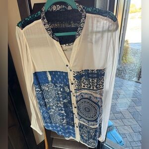 Desigual Gemma Blue and White Patchwork Blouse with lace detail